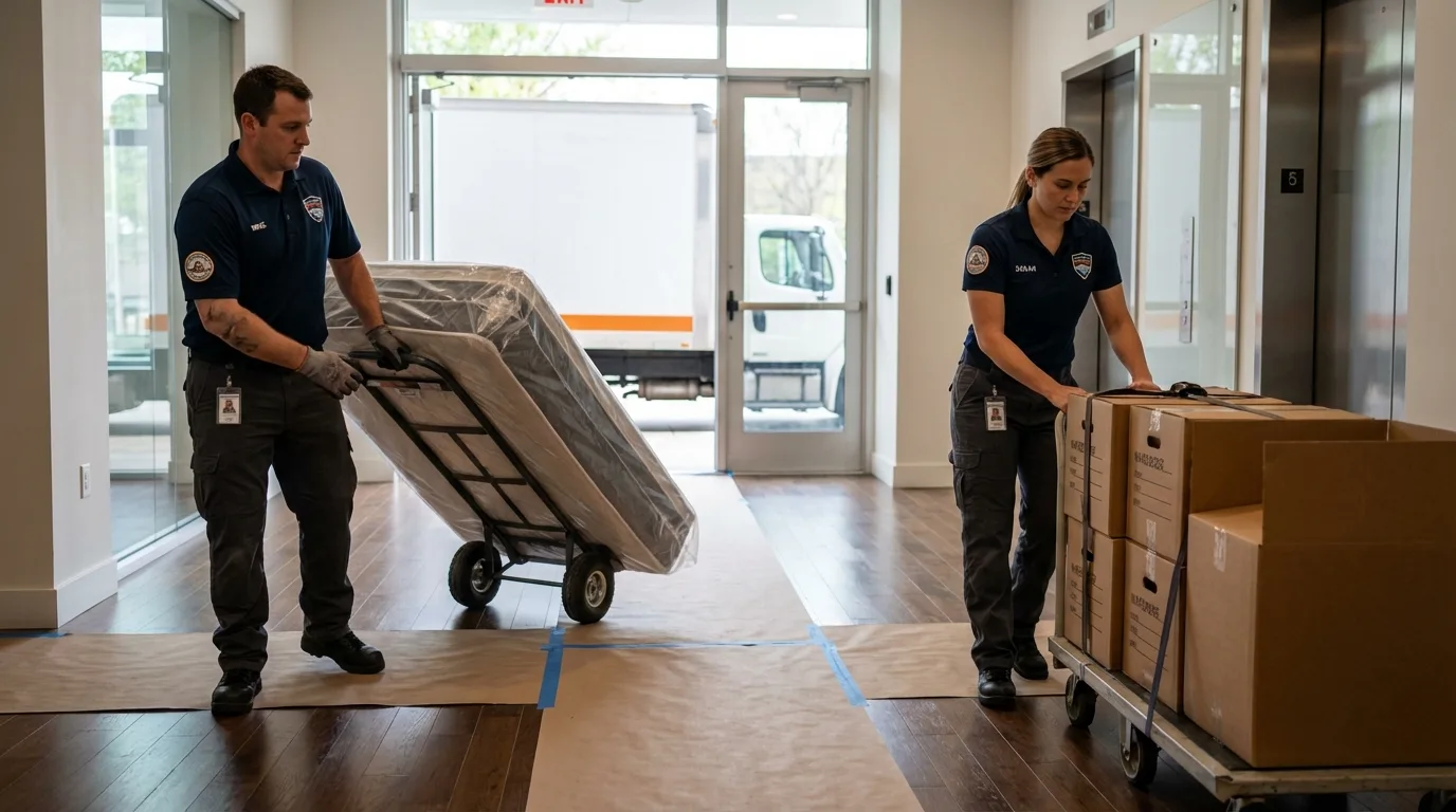 Professional apartment movers loading elevator in Ladson, SC